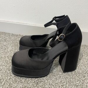 H&M Satin Mary Jane Heels Women 41 US 10 Black Satin Finished Platform Party